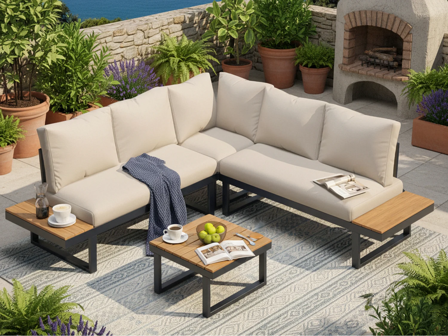 Salon de jardin - 4 places - en Acier galvanisé - canapé d'angle - 1 table en grain de bois - Beige