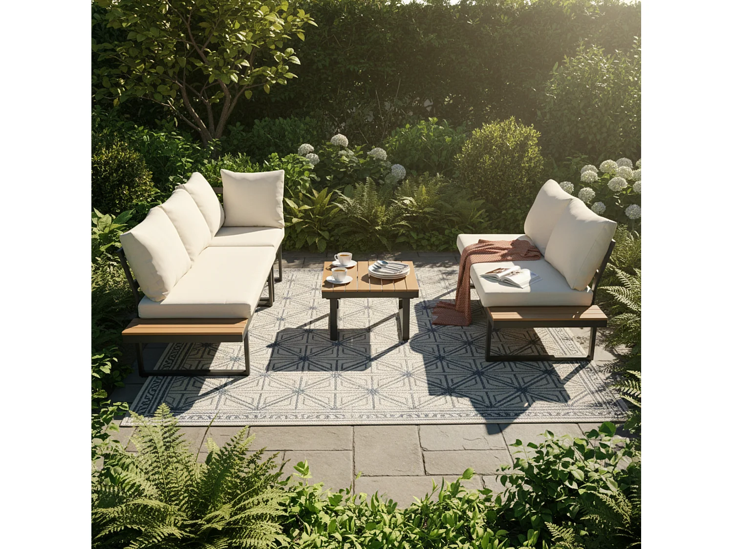 Salon de jardin - 4 places - en Acier galvanisé - canapé d'angle - 1 table en grain de bois - Beige