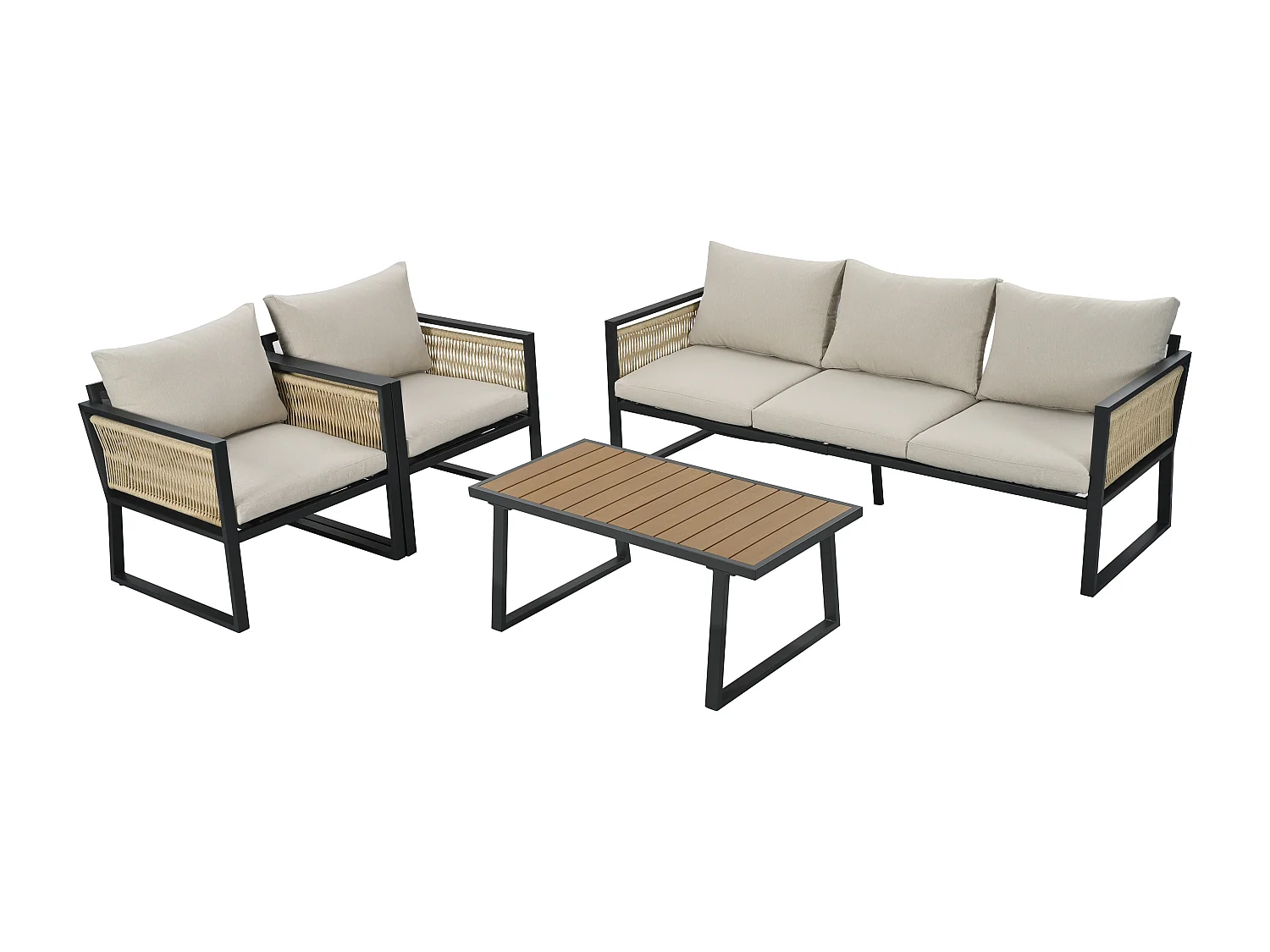 Salon de jardin en acier 5 places - en corde - canapé - 2 fauteuils et table basse - en corde tressée et plateau en bois plastique - Beige