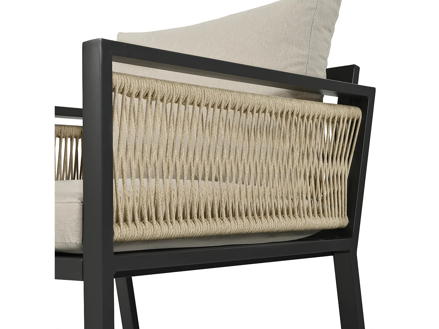 Salon de jardin en acier 5 places - en corde - canapé - 2 fauteuils et table basse - en corde tressée et plateau en bois plastique - Beige