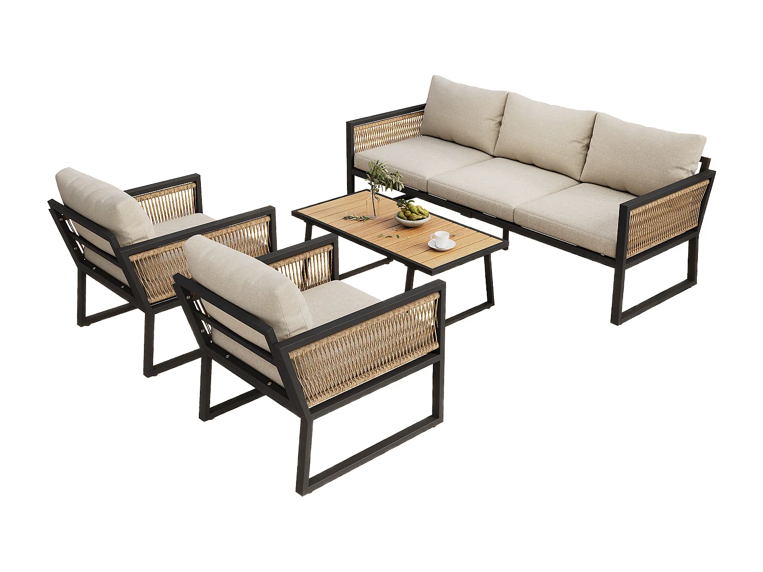 Salon de jardin en acier 5 places - en corde - canapé - 2 fauteuils et table basse - en corde tressée et plateau en bois plastique - Beige