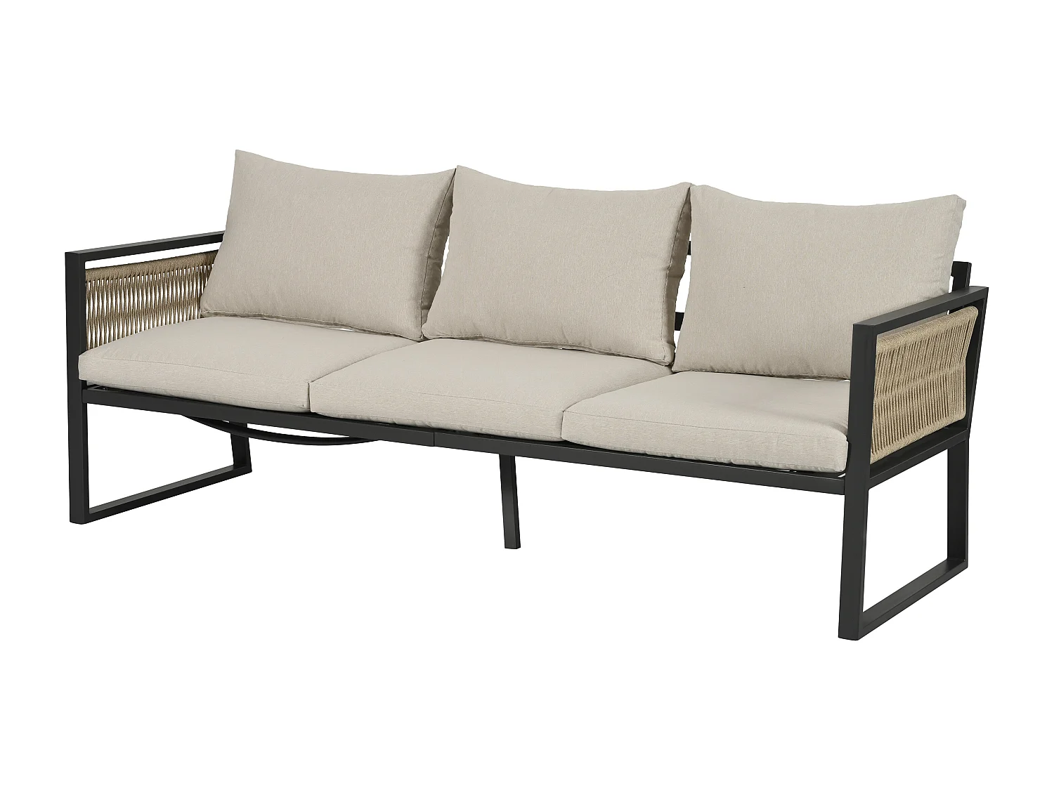 Salon de jardin en acier 5 places - en corde - canapé - 2 fauteuils et table basse - en corde tressée et plateau en bois plastique - Beige