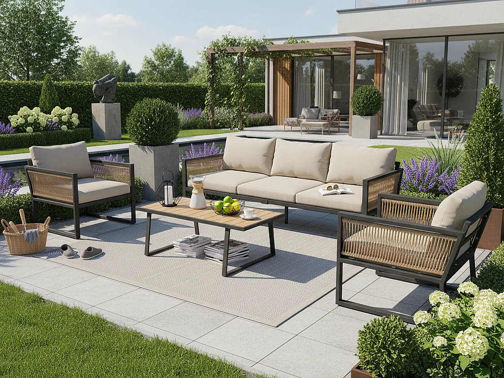 Salon de jardin en acier 5 places - en corde - canapé - 2 fauteuils et table basse - en corde tressée et plateau en bois plastique - Beige