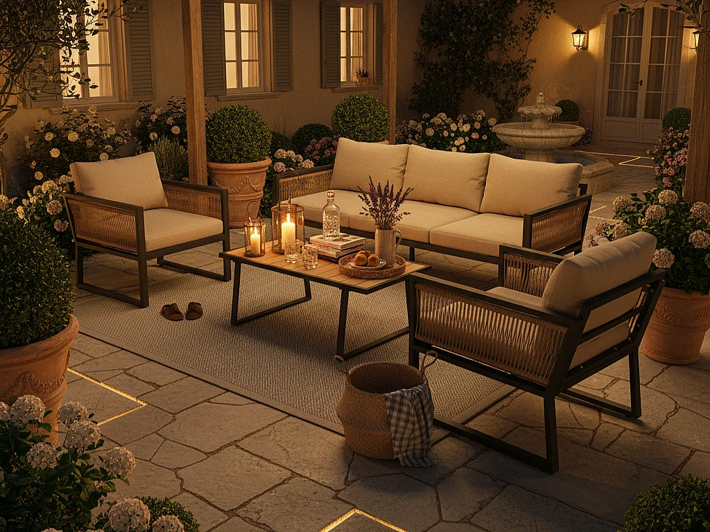 Salon de jardin en acier 5 places - en corde - canapé - 2 fauteuils et table basse - en corde tressée et plateau en bois plastique - Beige