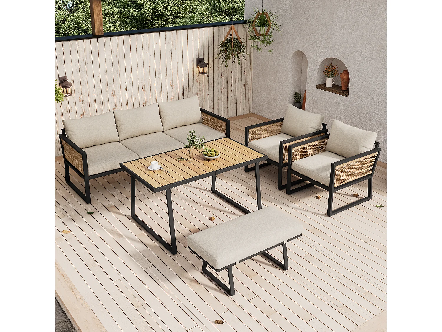 Salon de jardin 6 places - en fer galvanisé léger - en corde - canapé - 2 fauteuils et table basse - avec table à manger - 1 tabouret - Beige