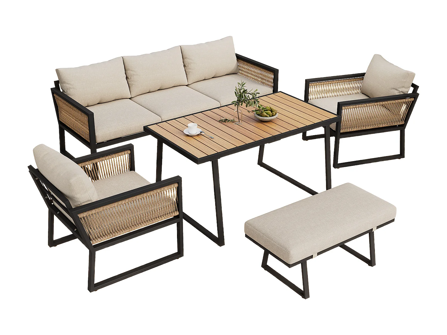 Salon de jardin 6 places - en fer galvanisé léger - en corde - canapé - 2 fauteuils et table basse - avec table à manger - 1 tabouret - Beige