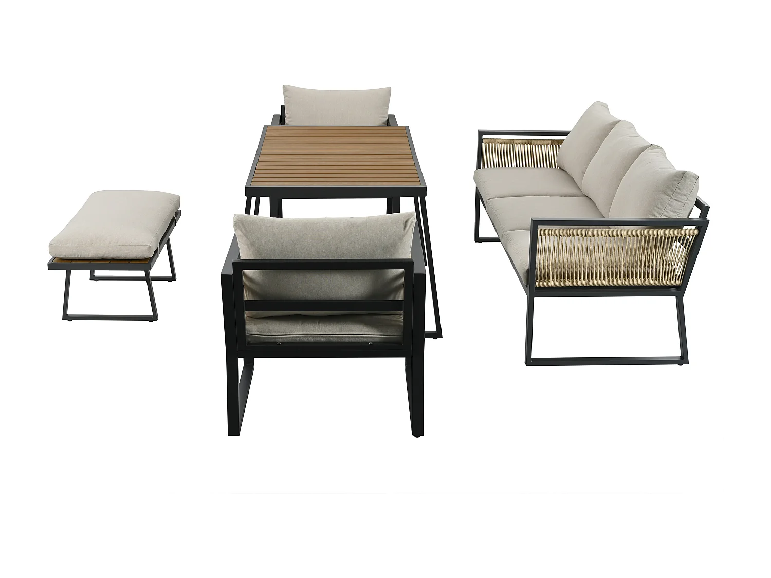 Salon de jardin 6 places - en fer galvanisé léger - en corde - canapé - 2 fauteuils et table basse - avec table à manger - 1 tabouret - Beige