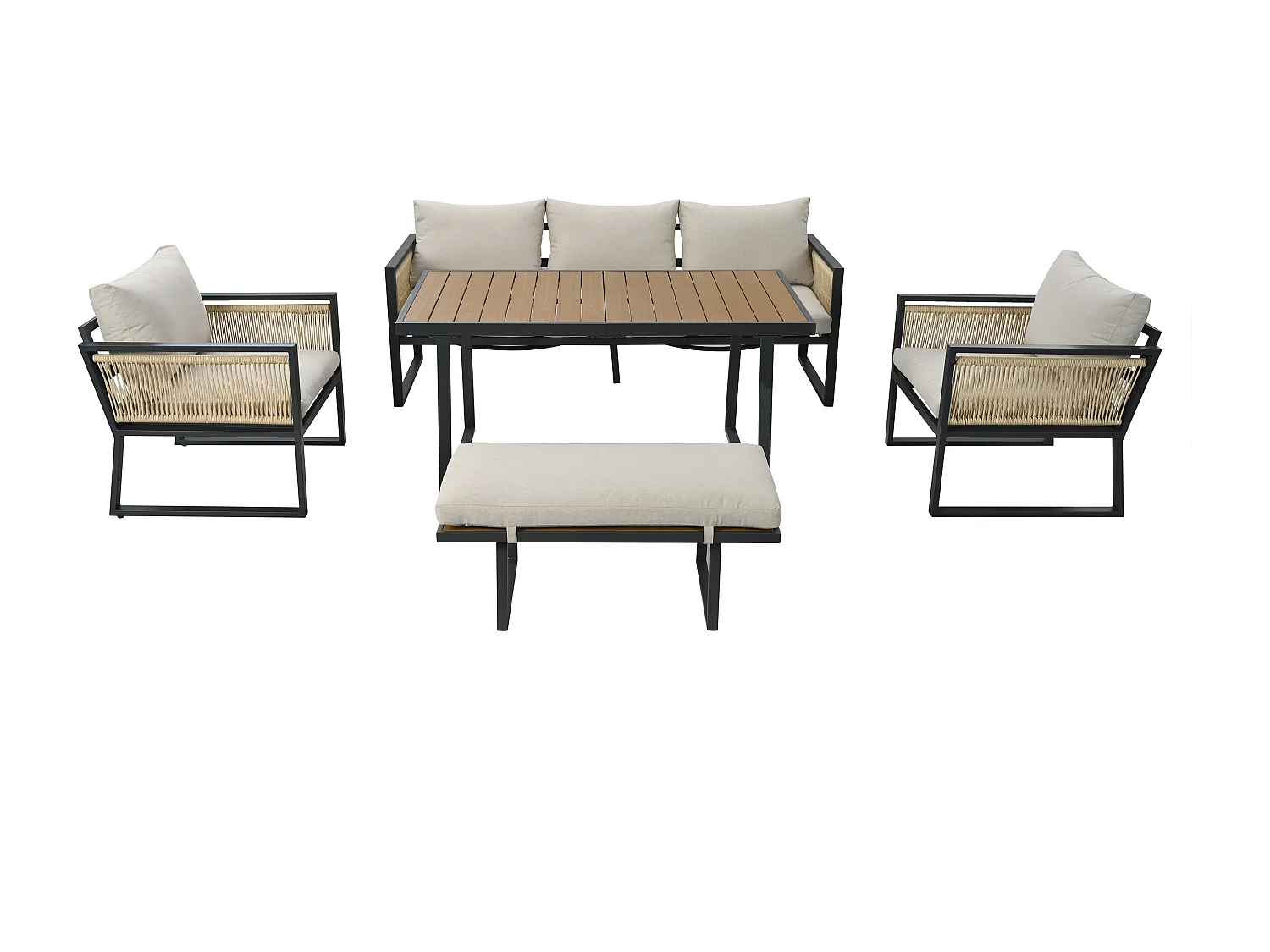 Salon de jardin 6 places - en fer galvanisé léger - en corde - canapé - 2 fauteuils et table basse - avec table à manger - 1 tabouret - Beige