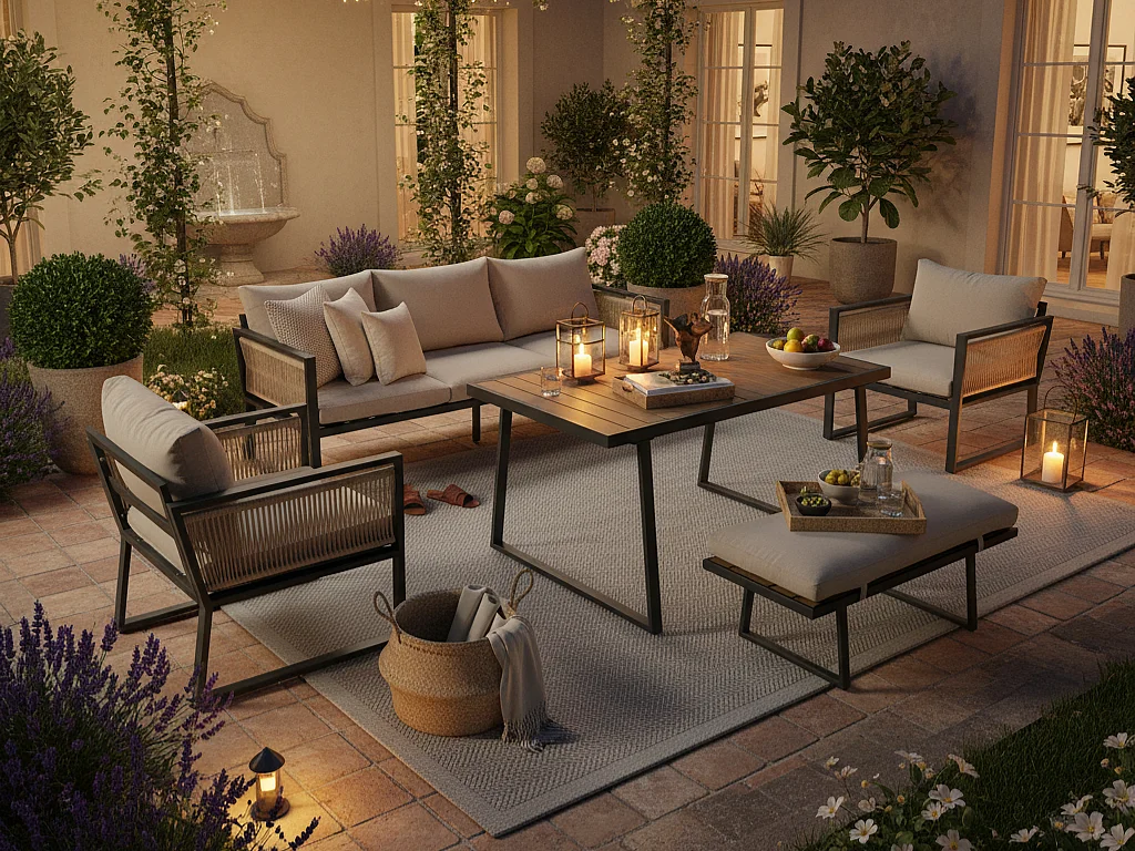 Salon de jardin 6 places - en fer galvanisé léger - en corde - canapé - 2 fauteuils et table basse - avec table à manger - 1 tabouret - Beige