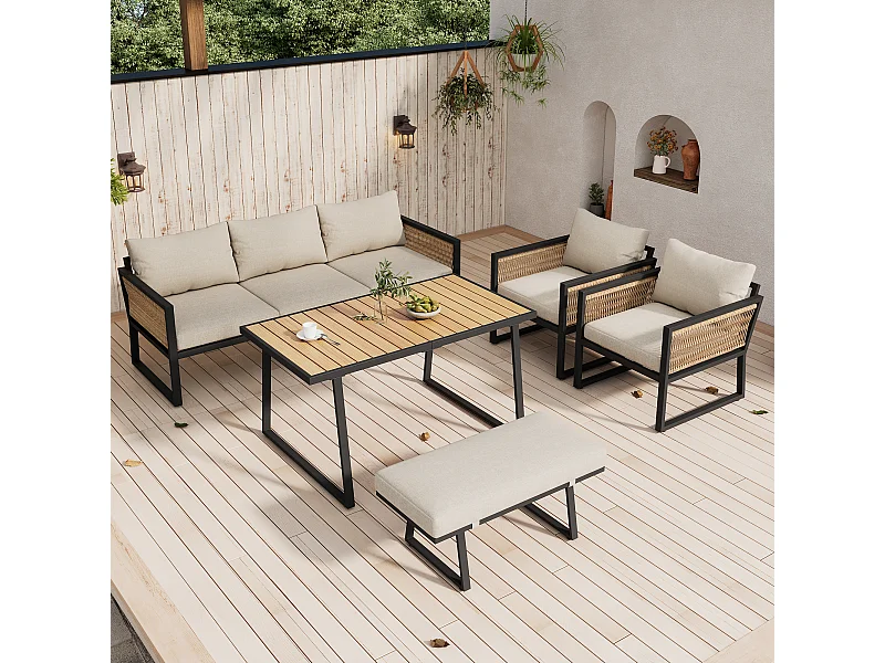 Salon de jardin 6 places - en fer galvanisé léger - en corde - canapé - 2 fauteuils et table basse - avec table à manger - 1 tabouret - Beige