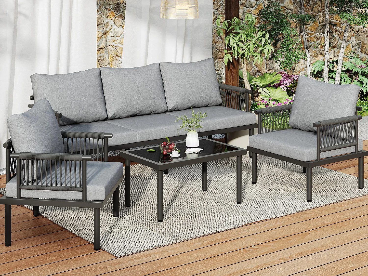 Tuinsalon - ensemble van tuinliegestoelen - 5 plaatsen - in verzinkt ijzer - canapé - 1 lage tafel - tafelplaat van glas - 2 fauteuils - Grijs