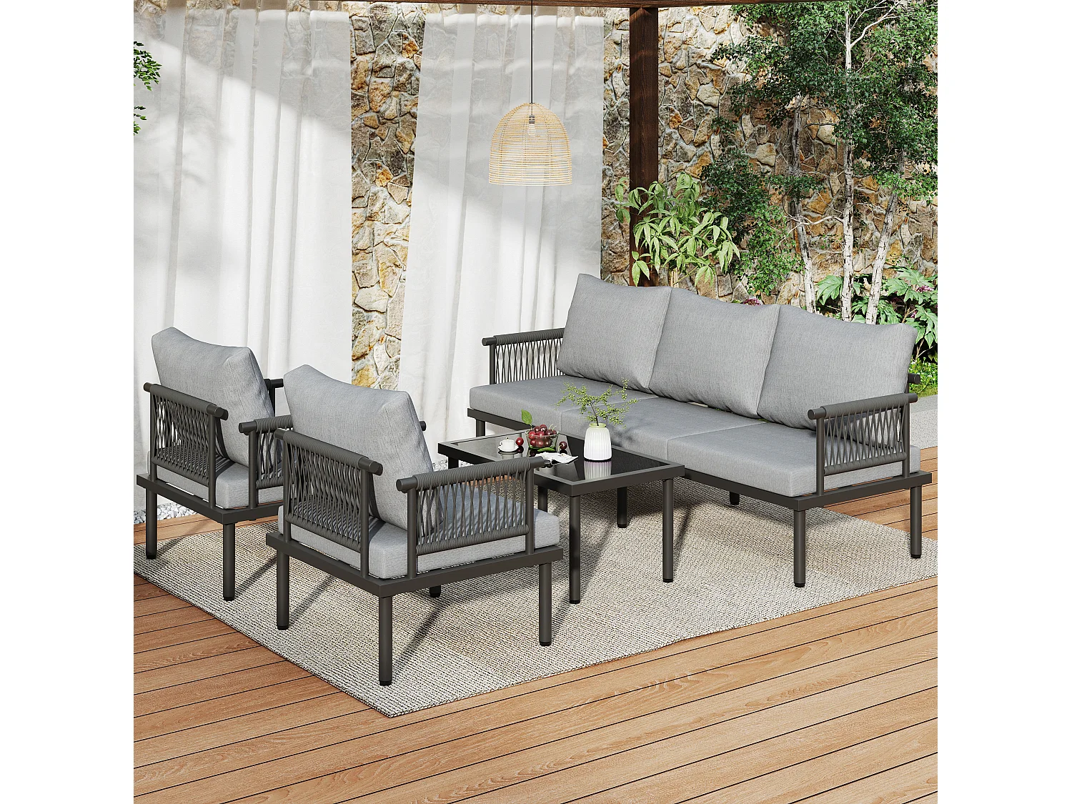 Tuinsalon - ensemble van tuinliegestoelen - 5 plaatsen - in verzinkt ijzer - canapé - 1 lage tafel - tafelplaat van glas - 2 fauteuils - Grijs