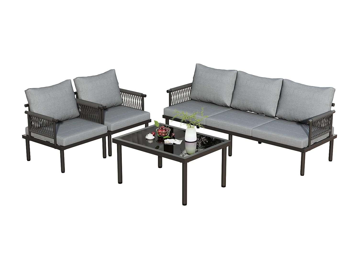 Tuinsalon - ensemble van tuinliegestoelen - 5 plaatsen - in verzinkt ijzer - canapé - 1 lage tafel - tafelplaat van glas - 2 fauteuils - Grijs