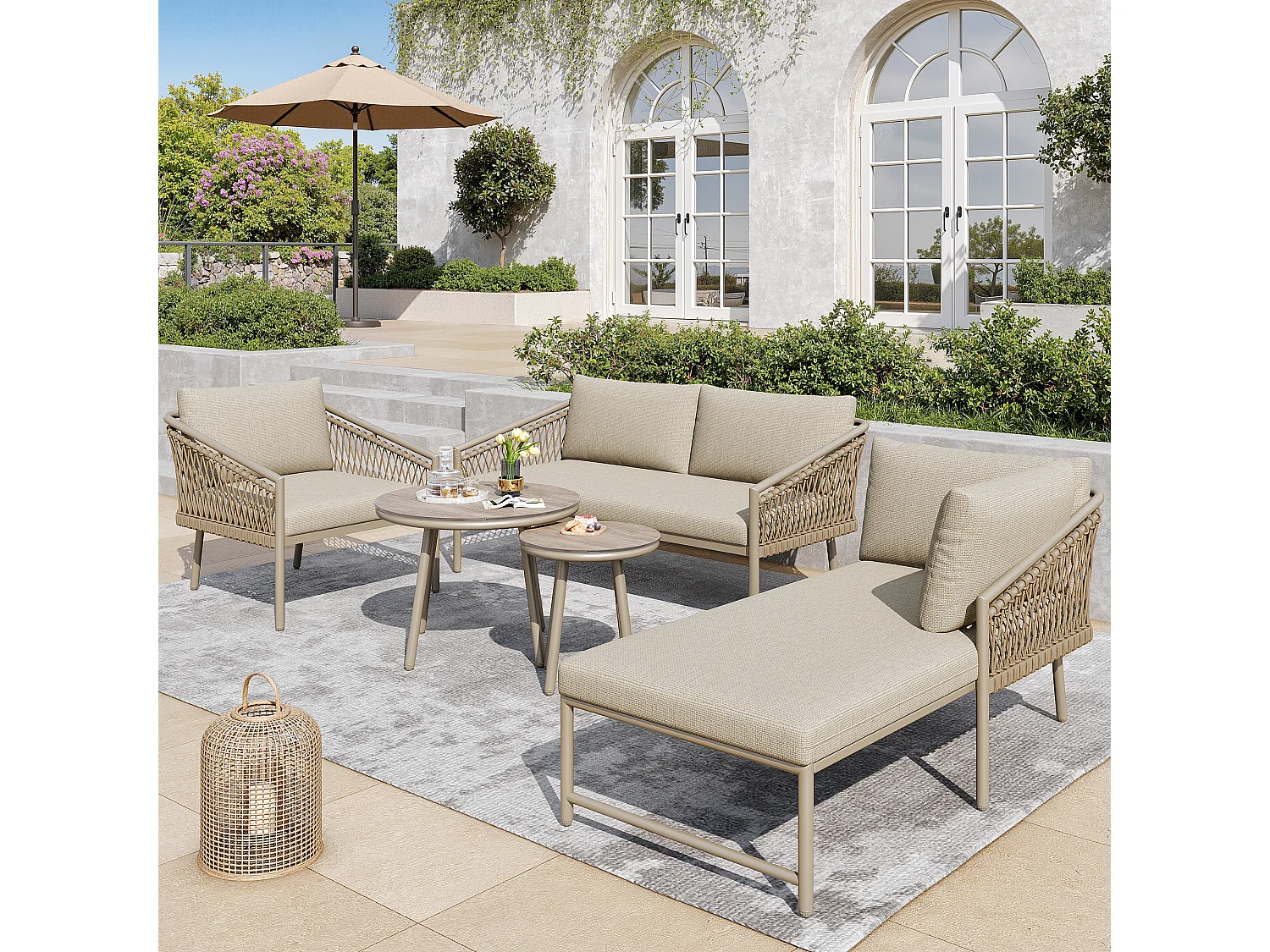 Salon de jardin en corde pour 4 personnes, structure en fer galvanisé, pieds réglables, 1 canapé - 1 chaise de canapé - 1 fauteuil et 2 tables basses, Beige