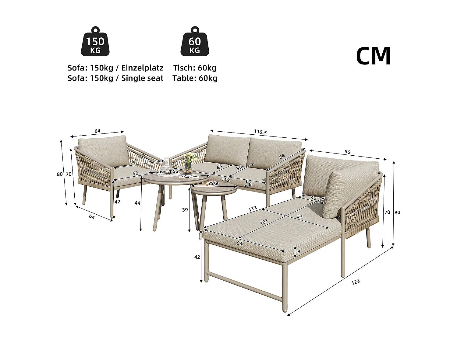 Salon de jardin en corde pour 4 personnes, structure en fer galvanisé, pieds réglables, 1 canapé - 1 chaise de canapé - 1 fauteuil et 2 tables basses, Beige