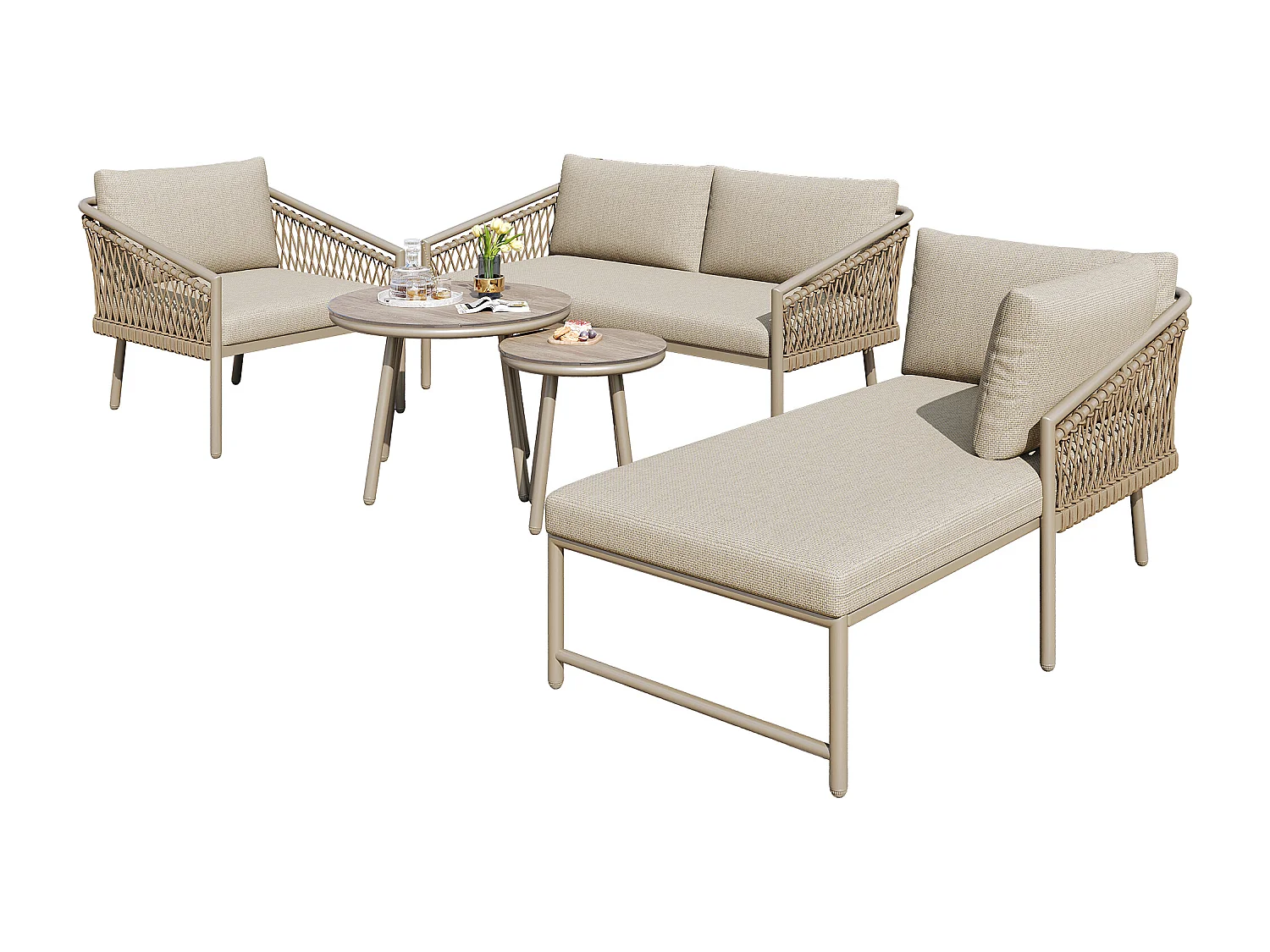 Salon de jardin en corde pour 4 personnes, structure en fer galvanisé, pieds réglables, 1 canapé - 1 chaise de canapé - 1 fauteuil et 2 tables basses, Beige