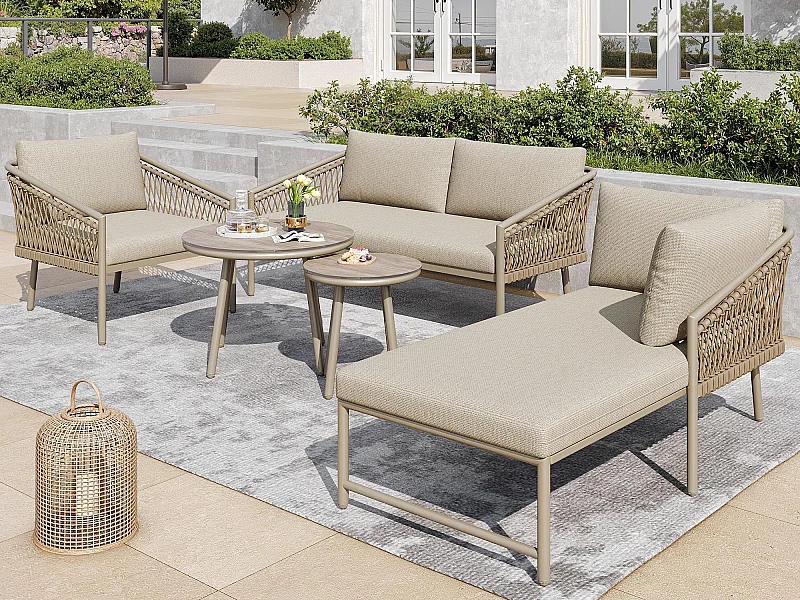 Salon de jardin en corde pour 4 personnes, structure en fer galvanisé, pieds réglables, 1 canapé - 1 chaise de canapé - 1 fauteuil et 2 tables basses, Beige