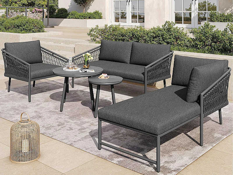 Zestaw mebli ogrodowych z liną dla 4 osób, konstrukcja z ocynkowanej stali, regulowane nogi, 1 kanapa - 1 fotel kanapowy - 1 fotel i 2 stoliki kawowe, szary