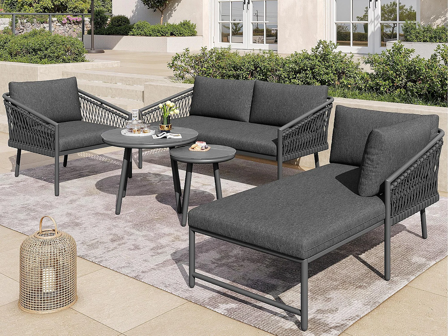 Salon de jardin en corde pour 4 personnes, structure en fer galvanisé, pieds réglables, 1 canapé - 1 chaise de canapé - 1 fauteuil et 2 tables basses, gris