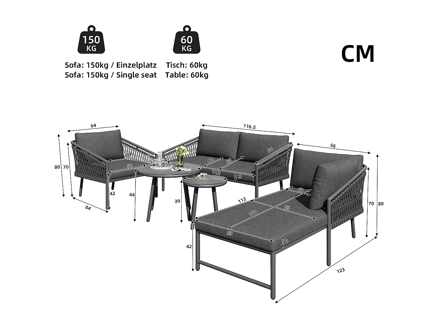 Salon de jardin en corde pour 4 personnes, structure en fer galvanisé, pieds réglables, 1 canapé - 1 chaise de canapé - 1 fauteuil et 2 tables basses, gris