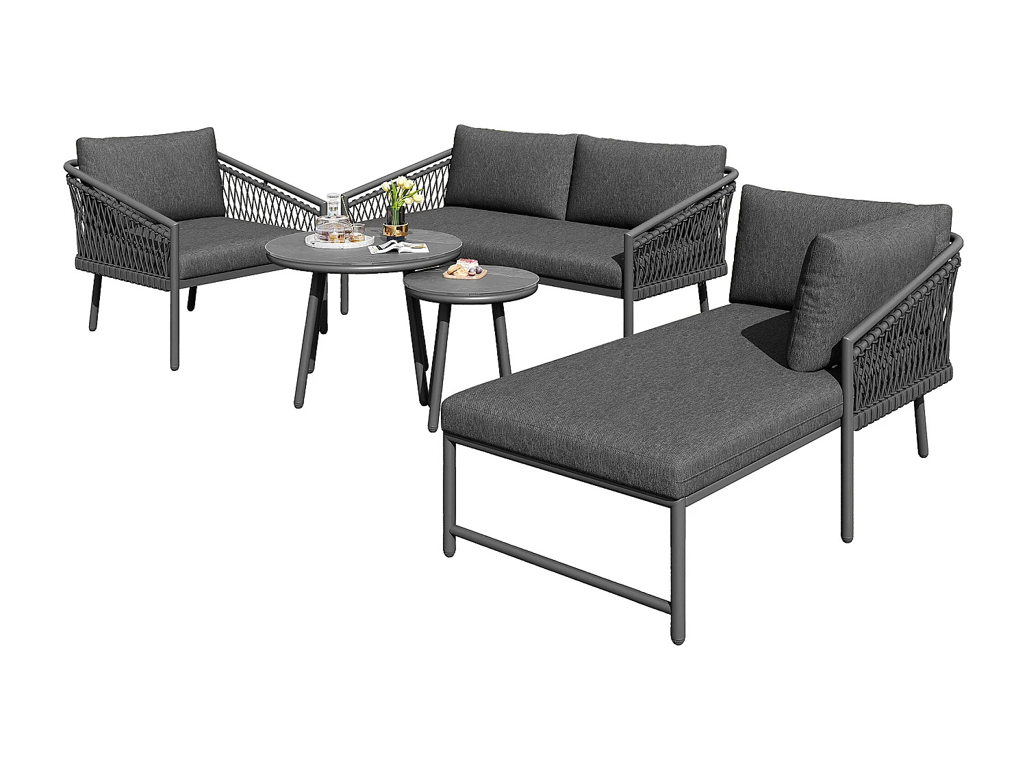 Salon de jardin en corde pour 4 personnes, structure en fer galvanisé, pieds réglables, 1 canapé - 1 chaise de canapé - 1 fauteuil et 2 tables basses, gris