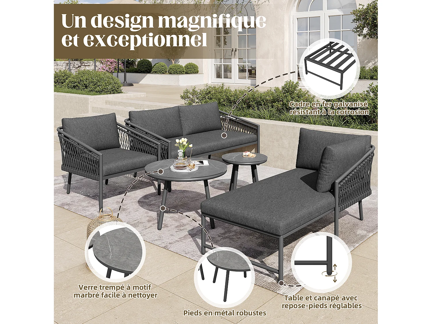 Salon de jardin en corde pour 4 personnes, structure en fer galvanisé, pieds réglables, 1 canapé - 1 chaise de canapé - 1 fauteuil et 2 tables basses, gris
