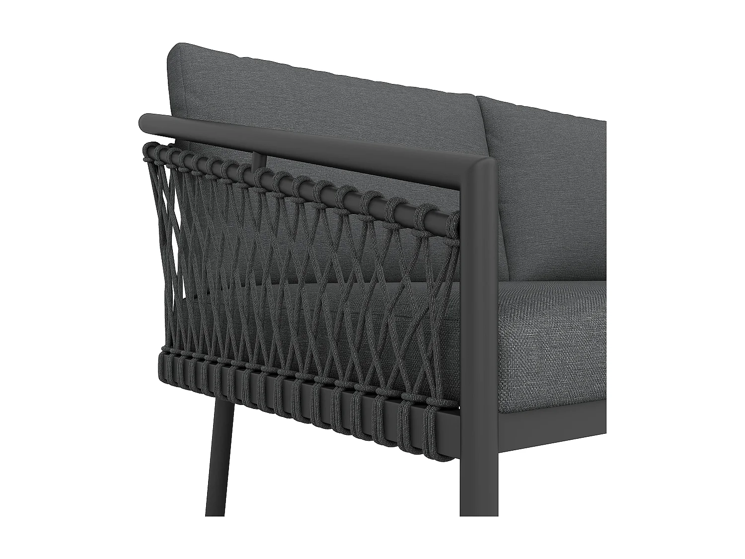 Salon de jardin en corde pour 4 personnes, structure en fer galvanisé, pieds réglables, 1 canapé - 1 chaise de canapé - 1 fauteuil et 2 tables basses, gris