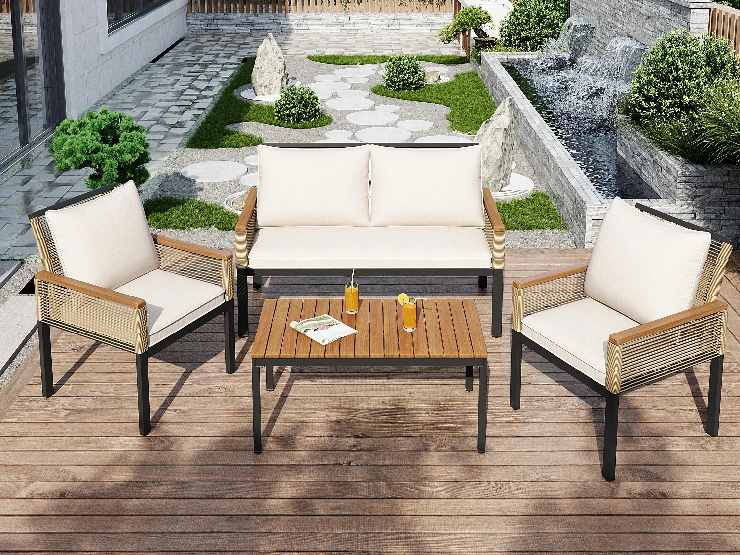 Salón de jardín en acero, 4 plazas - 2 butacas y mesa baja - en cuerda trenzada y madera de acacia - Beige