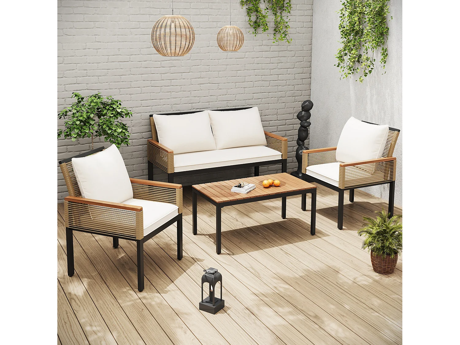 Salón de jardín en acero, 4 plazas - 2 butacas y mesa baja - en cuerda trenzada y madera de acacia - Beige