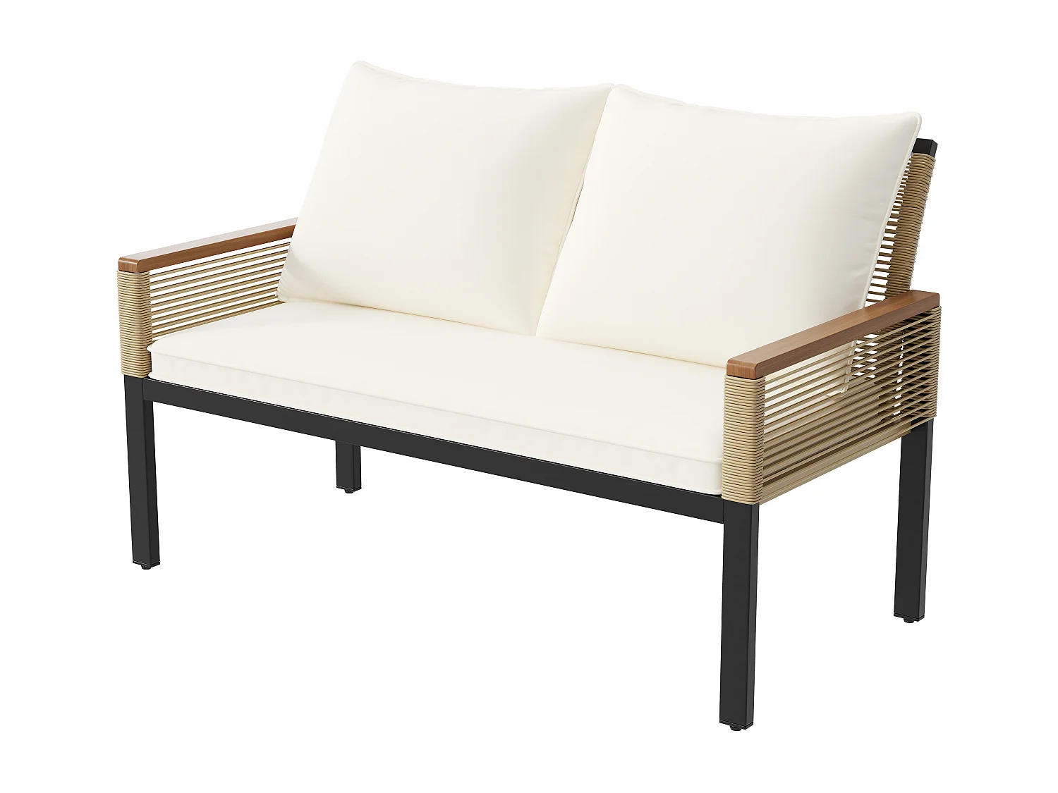 Salón de jardín en acero, 4 plazas - 2 butacas y mesa baja - en cuerda trenzada y madera de acacia - Beige