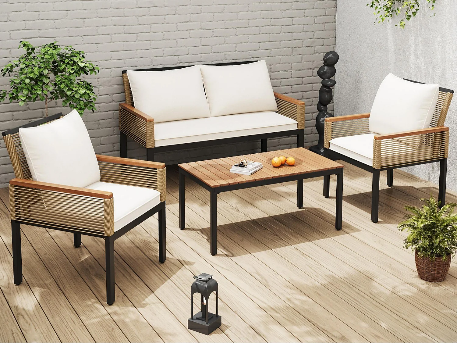 Salon de jardin en acier 4 places- 2 fauteuils et table basse - en corde tressée et bois d'acacia - Beige