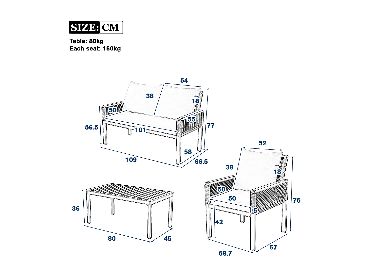 Salon de jardin en acier 4 places- 2 fauteuils et table basse - en corde tressée et bois d'acacia - Beige