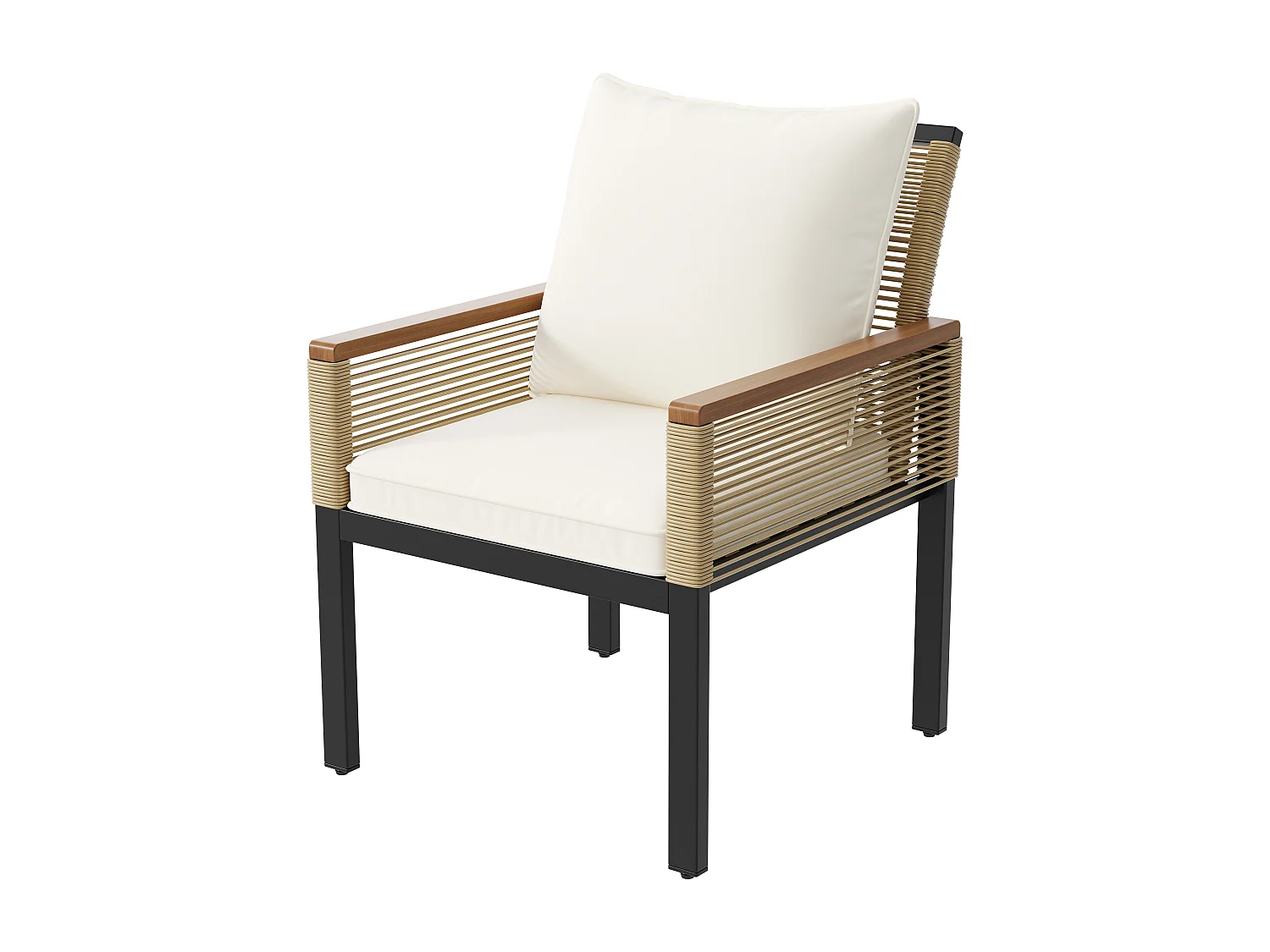 Salon de jardin en acier 4 places- 2 fauteuils et table basse - en corde tressée et bois d'acacia - Beige