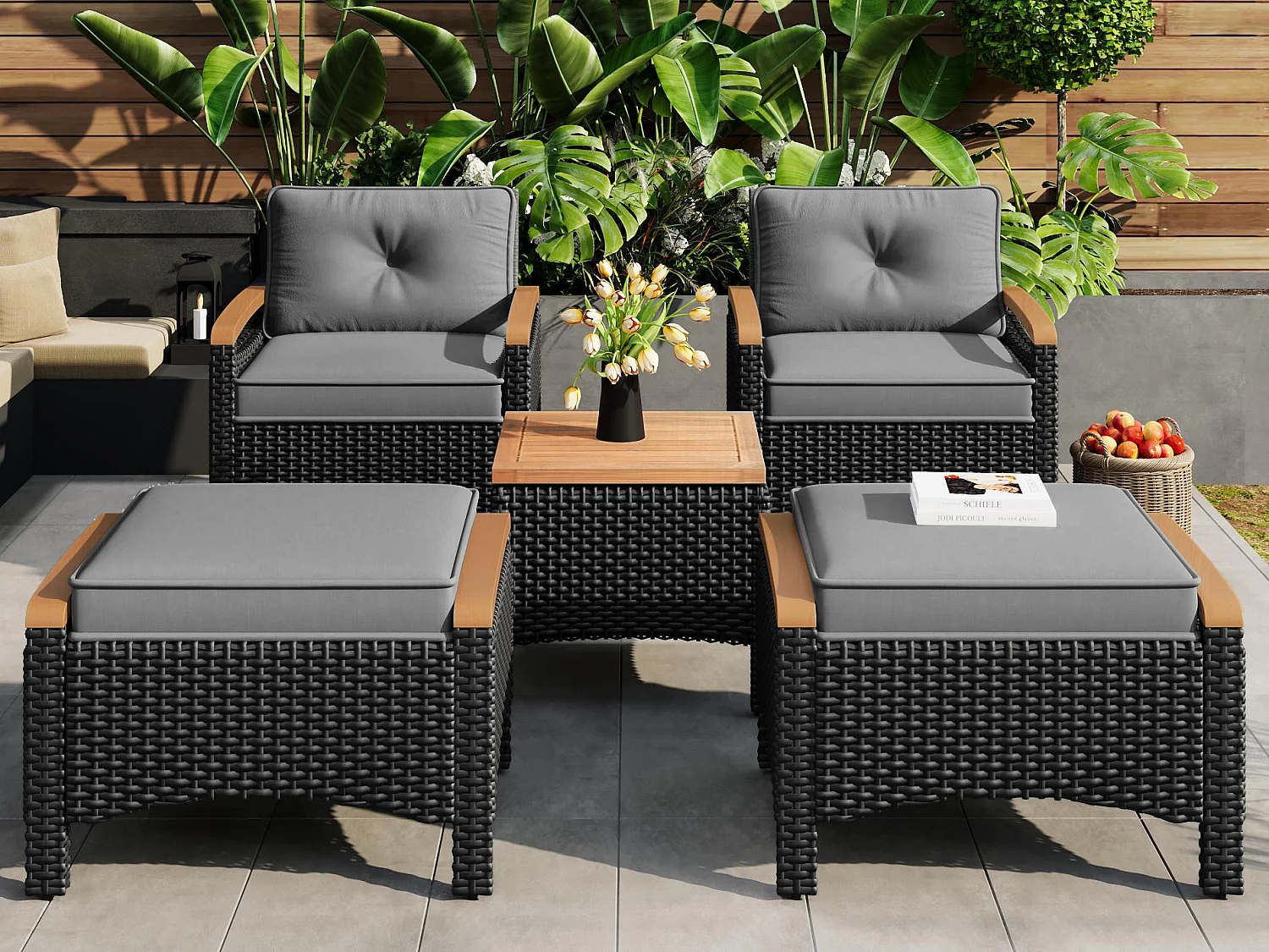 Salone da giardino per 2 persone - 2 poltrone - 1 tavolino basso - 2 sgabelli - ferro galvanizzato + acacia - vimini - nero