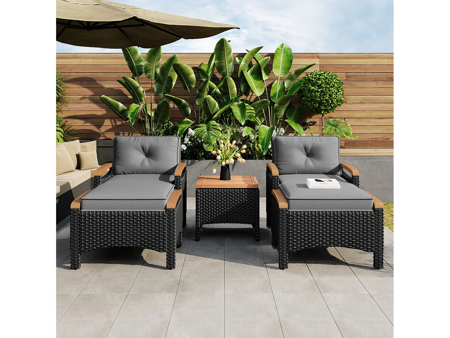 Salone da giardino per 2 persone - 2 poltrone - 1 tavolino basso - 2 sgabelli - ferro galvanizzato + acacia - vimini - nero