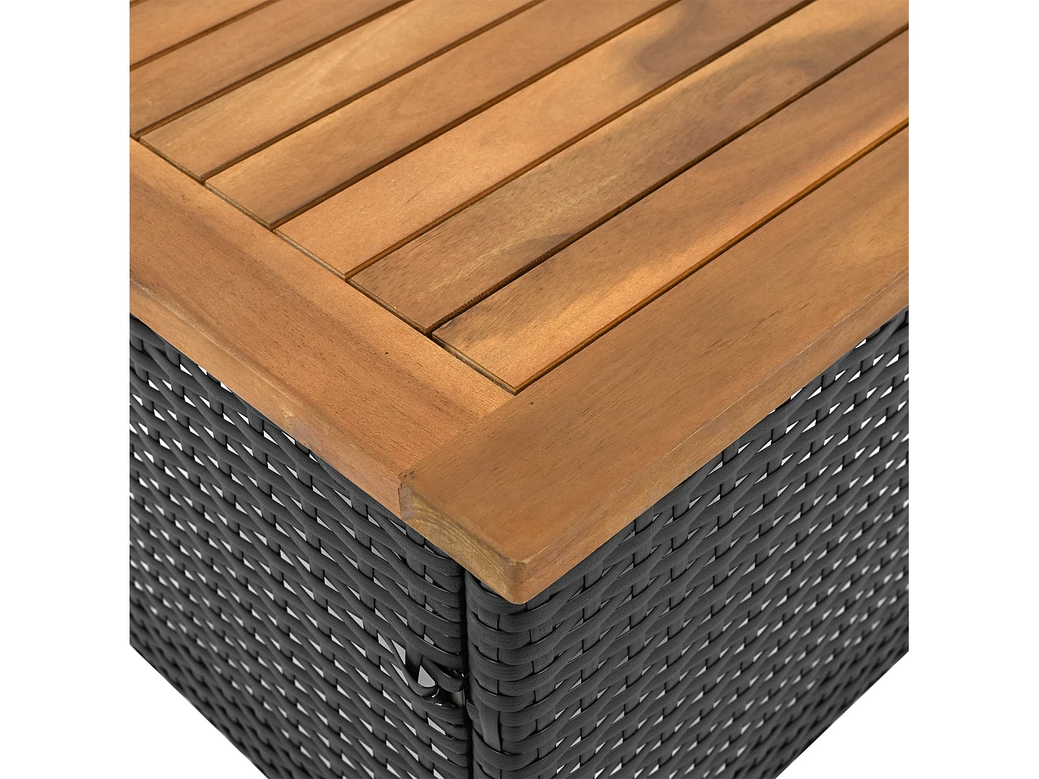 Salone da giardino per 2 persone - 2 poltrone - 1 tavolino basso - 2 sgabelli - ferro galvanizzato + acacia - vimini - nero