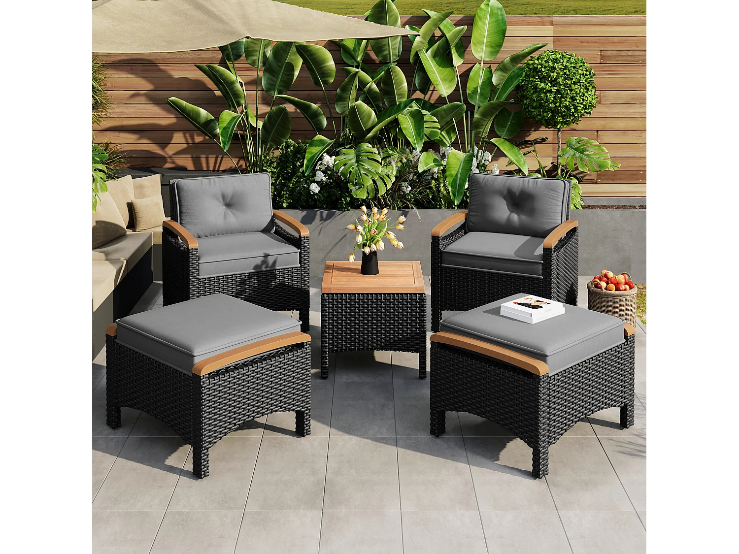 Salone da giardino per 2 persone - 2 poltrone - 1 tavolino basso - 2 sgabelli - ferro galvanizzato + acacia - vimini - nero