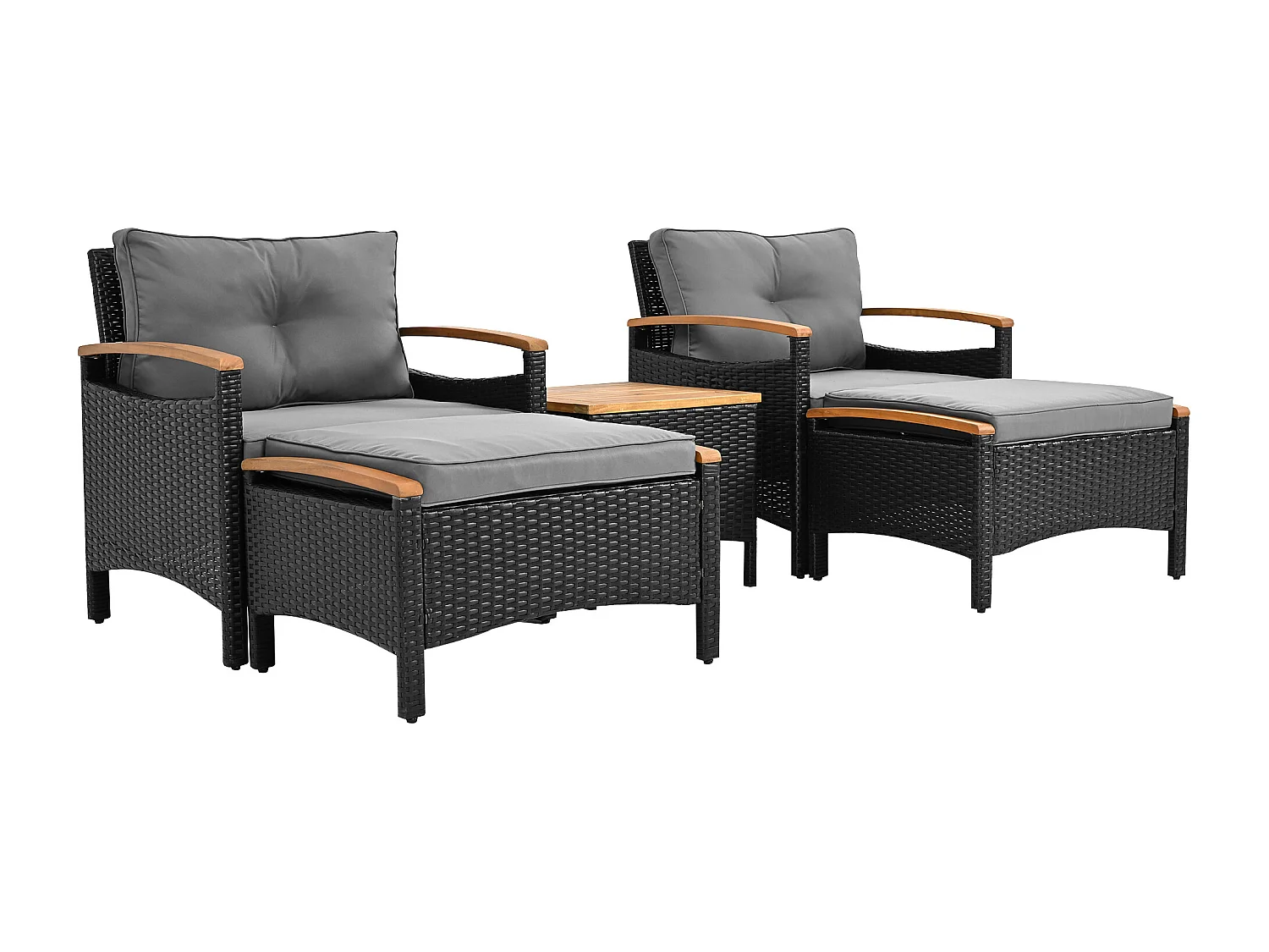 Salon de jardin 2 personnes - 2 fauteuils - 1 table basse - 2 tabourets - fer galvanisé + acacia - rotin - noir