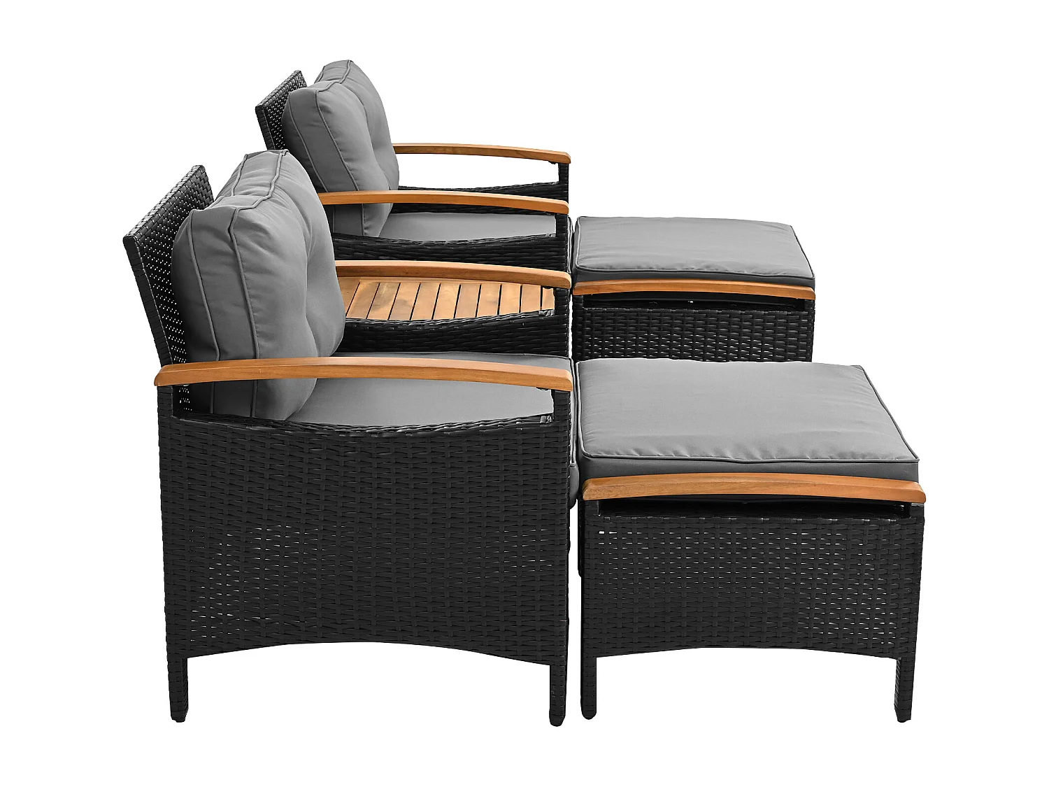 Salon de jardin 2 personnes - 2 fauteuils - 1 table basse - 2 tabourets - fer galvanisé + acacia - rotin - noir