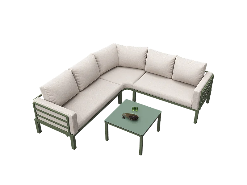 Zestaw mebli ogrodowych z ocynkowanej stali na 4 osoby - 2 sofy, 1 stół kawowy ze szkła hartowanego - z poduszkami - beżowy