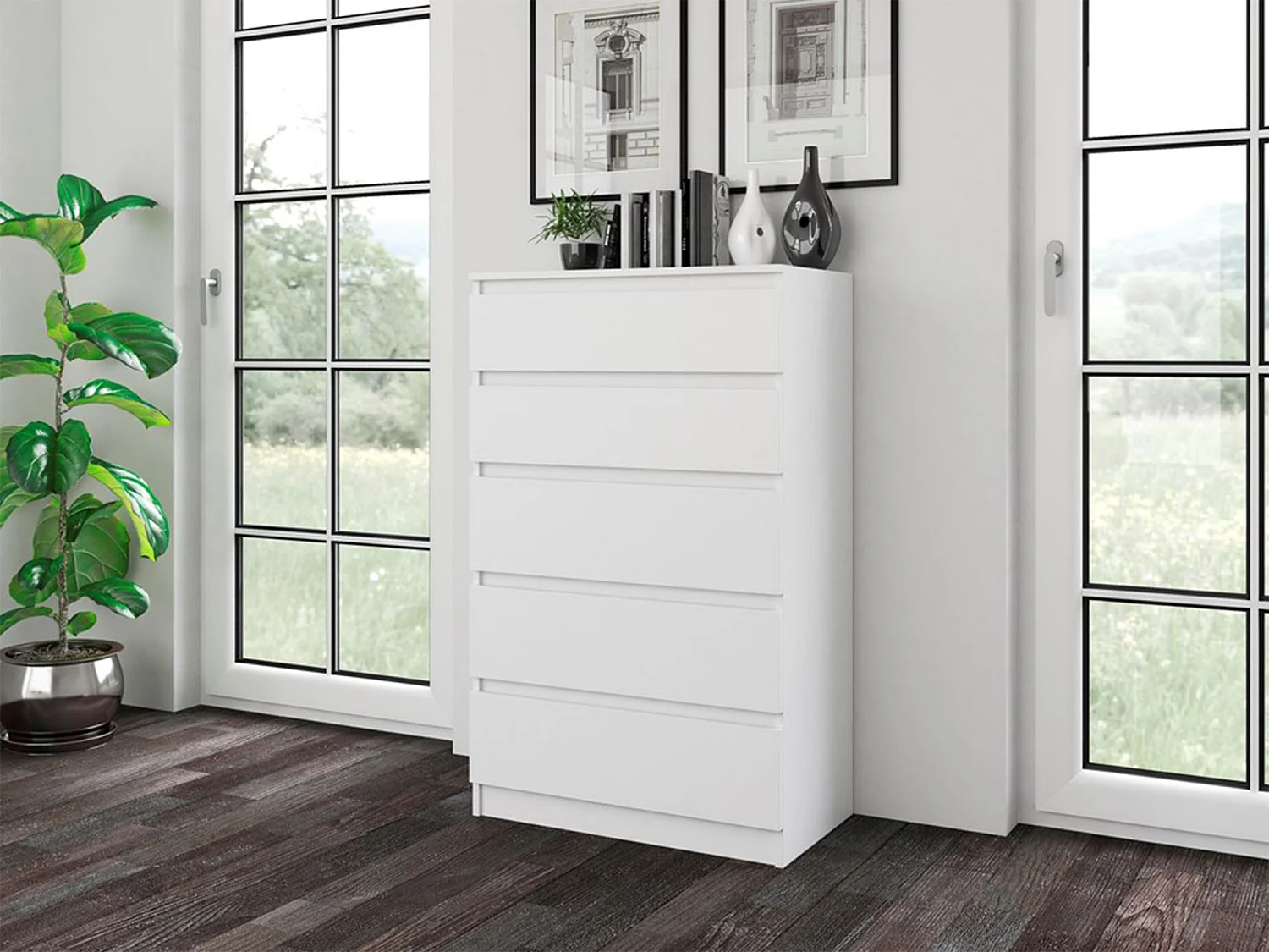 Commode à cinq tiroirs - 70 cm - blanc - MALWA