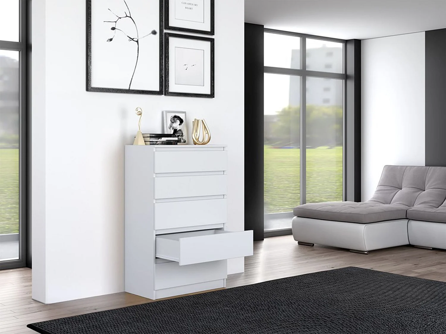 Commode à cinq tiroirs - 70 cm - blanc - MALWA
