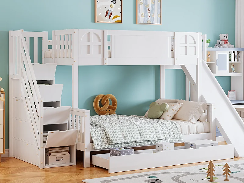 Onderling opvouwbaar kinderbed 90x200 cm - met venster - met kinderschaats - lades met wielen - trap met leuningen - massief hout + MDF - wit (zonder matras)