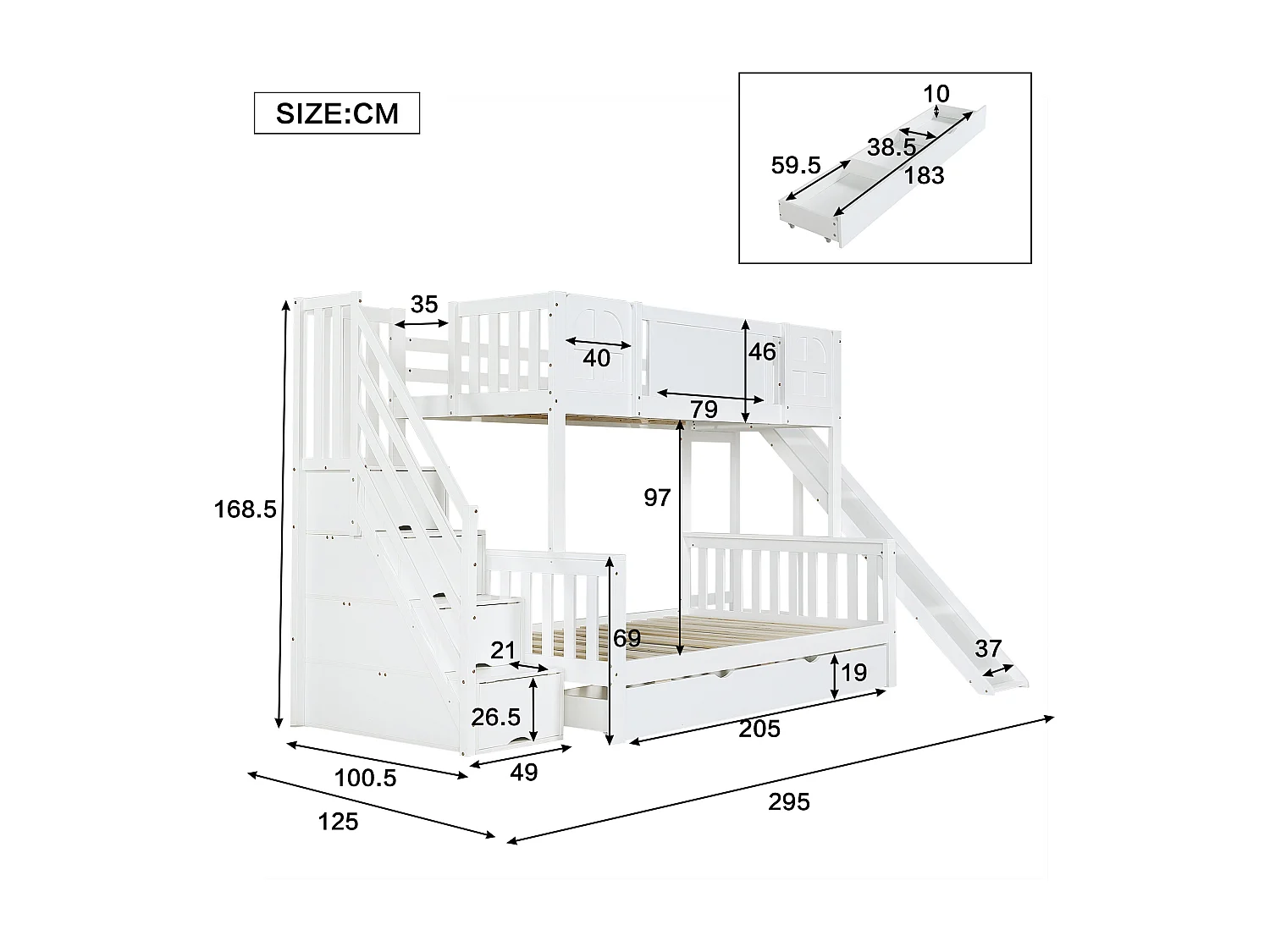 Cama superposta para crianças 90x200 cm - com janela - com tobogã infantil - gavetas com rodas - escada com corrimãos - madeira maciça + MDF - branco (sem colchão)