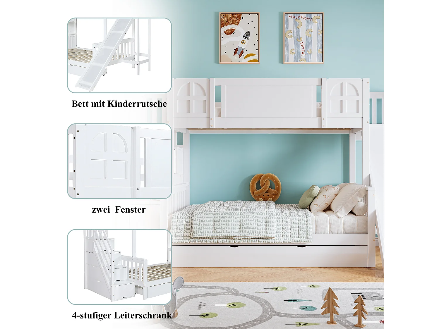 Cama superposta para crianças 90x200 cm - com janela - com tobogã infantil - gavetas com rodas - escada com corrimãos - madeira maciça + MDF - branco (sem colchão)