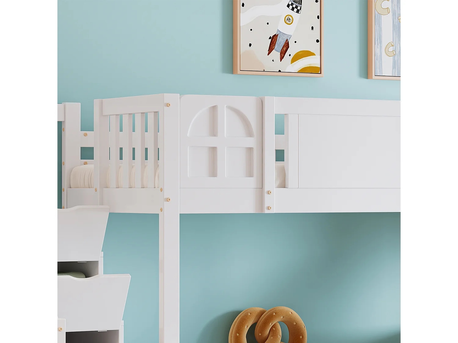 Cama superposta para crianças 90x200 cm - com janela - com tobogã infantil - gavetas com rodas - escada com corrimãos - madeira maciça + MDF - branco (sem colchão)