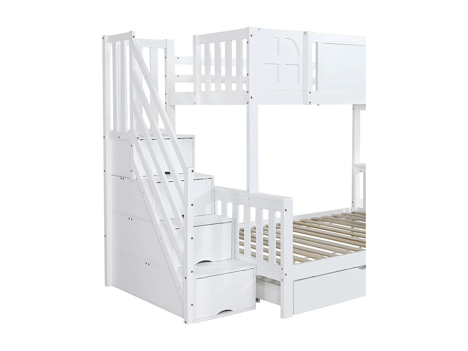 Cama superposta para crianças 90x200 cm - com janela - com tobogã infantil - gavetas com rodas - escada com corrimãos - madeira maciça + MDF - branco (sem colchão)