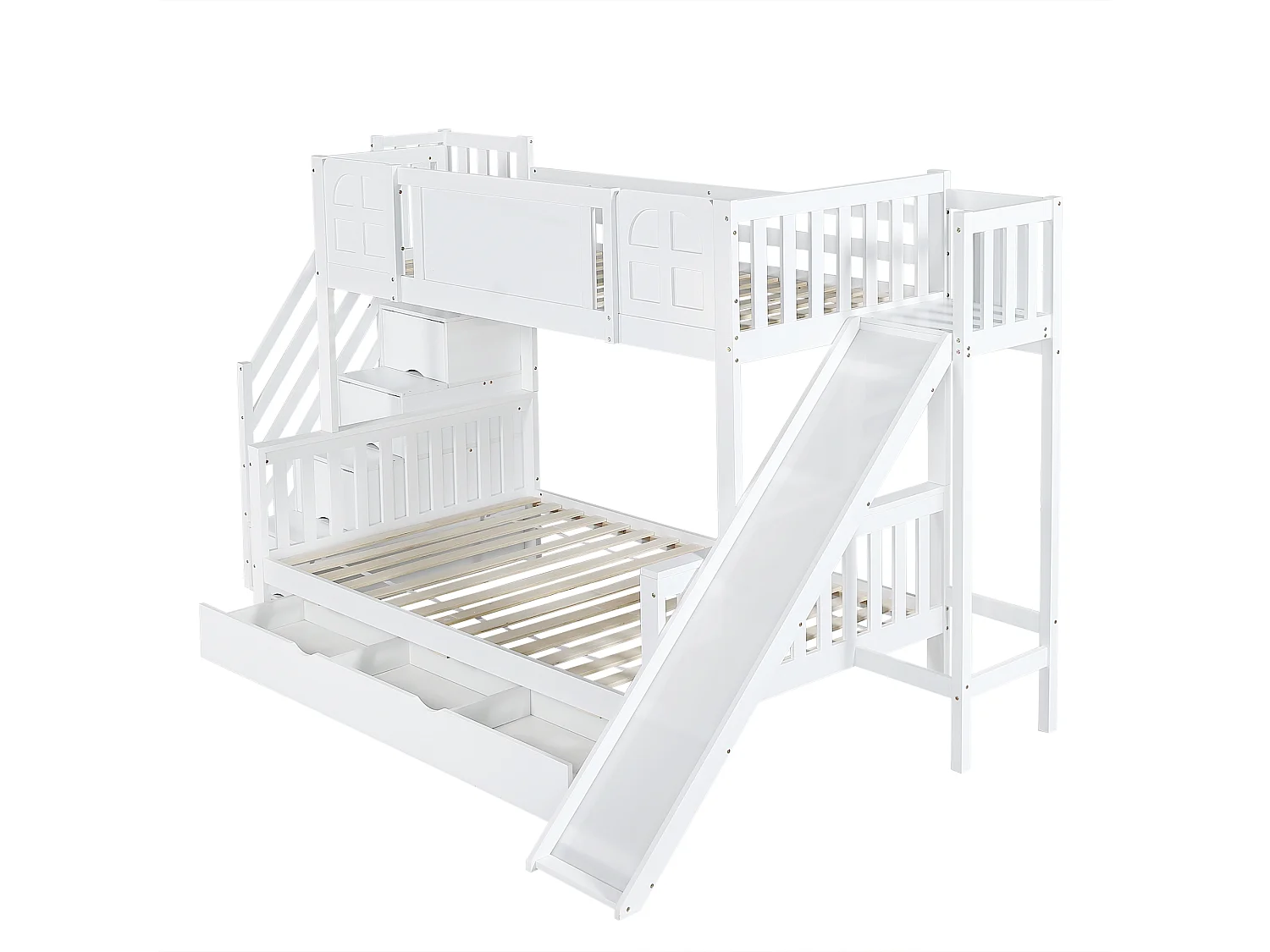Cama superposta para crianças 90x200 cm - com janela - com tobogã infantil - gavetas com rodas - escada com corrimãos - madeira maciça + MDF - branco (sem colchão)