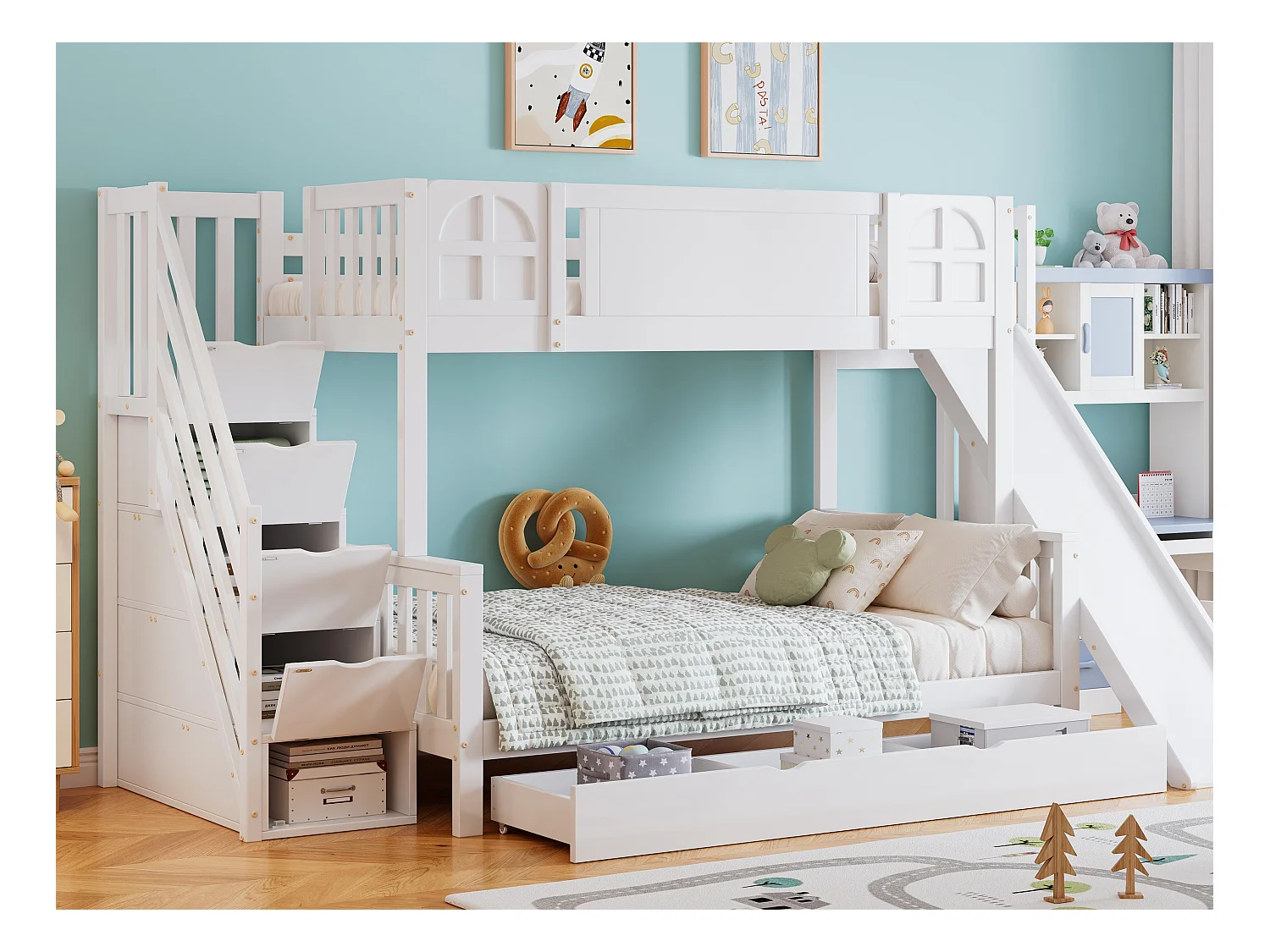 Lit superposé enfant 90x200 cm - avec fenêtre - avec toboggan enfant - tiroirs sur roulettes - escalier avec rampes - bois massif + MDF - blanc (sans matelas)