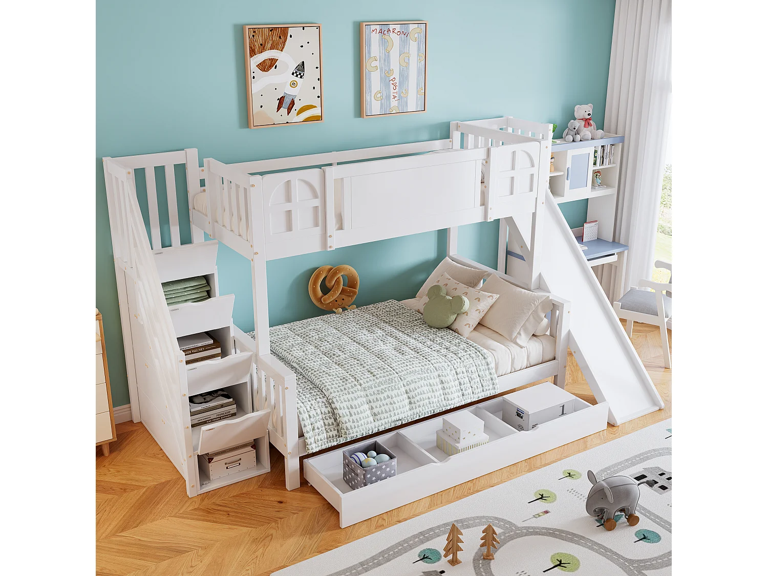 Kinderbett mit Etagenbetten 90x200 cm - mit Fenster - mit Kinder-Schleuder - Schubladen mit Rollen - Treppe mit Geländern - Massivholz + MDF - weiß (ohne Matratze)